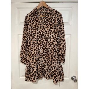 NEW Leopard Long Sleeve Mini Babydoll Dress Cupshe S Tiered Flowy Short Loose